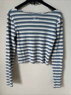 Five Star Blue & White Striped Ribbed Long-Sleeve Crop Top